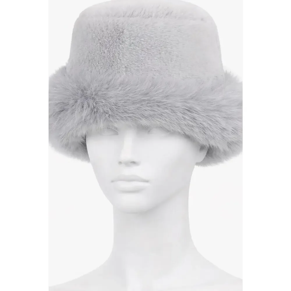 Gray Faux Fur Winter Bucket Hat Unisex One Size Fits Most